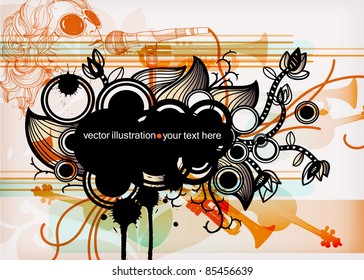 vector floral frame with abstract plants, music instruments and a singer.eps10