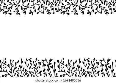 Vector floral frame black grass pattern isolated white background. Horizontal seamless border pattern with place for text.