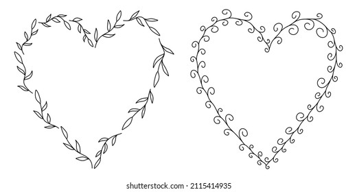 Vector floral frame in black lineart style illustration. Heart shape beautiful decoration for invintations, greeting cards, wedding