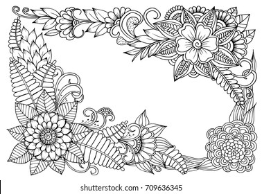 Vector floral frame in black and white. Can use for coloring and as design element for decoration