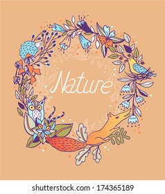 vector floral frame with blooming flowers and cute animals