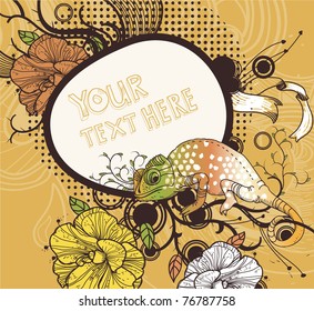 vector floral frame with blooming flowers and a colorful chameleon on an abstract background