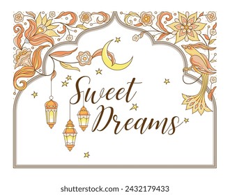 Vector floral frame, border, arabesque, floral pattern for design template. Arabic shining lamps, crescent, bird. Luxury ornament in Oriental style. Floral illustration. Ethnic isolated ornament.