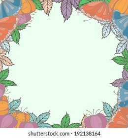 Vector floral frame with bright flowers, plants and leaves