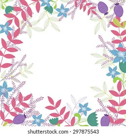 Vector floral frame with bright flowers, plants and leaves