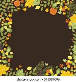 Vector floral frame with bright flowers, plants and leaves. Forest frame. Autumn card.