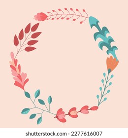 Vector floral frame. Floral circle frame design element for invitations, greeting cards, posters, blogs. Delicate branches and leaves.