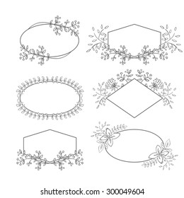 Vector Floral Frame Collection. Set of doodle hand drawn labels with flowers for wedding invitations, save the date and birthday cards. Oval, diamond and polygon shaped elements