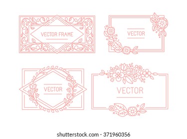 Vector floral frame with copy space for text in trendy mono line style - monogram design element with flowers and leaves - wedding invitation templates and greeting cards backgrounds