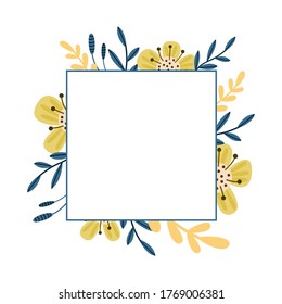 Vector floral frame with cute flowers and leaves. Frame for postcard, web design or post in social networks.
