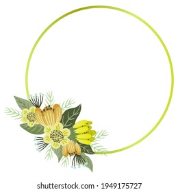 Vector floral frame, cute hand drawn bouquet of flowers with golden circle frame, isolated on white