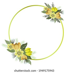 Vector floral frame, cute hand drawn flowers with golden circle frame, isolated on white