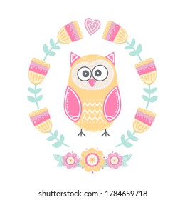 Vector floral frame with cute owl and heart. Illustration in flat style. Pastel colors - mint, pink, yellow, beige. Isolated on white background. Hand drawn wreath.