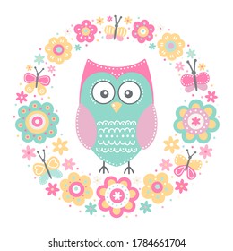 Vector floral frame with cute owl and butterflies.  Hand drawn wreath. Illustration in flat style. Pastel colors - mint, pink, yellow, beige. Isolated on white background. 