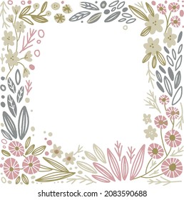 Vector floral frame with cute plants in cartoon style