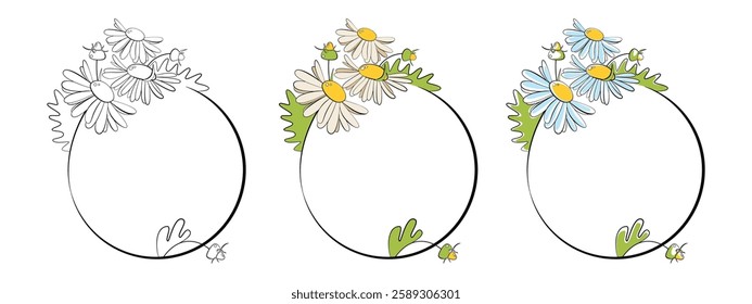 Vector floral frame with daisies and leaves. Hand-drawn botanical illustration for cards, invitations, and decoration.