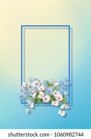 Vector floral frame. Decorative border with white and blue flowers