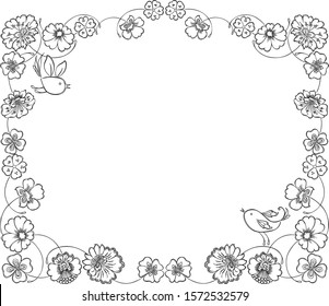 Vector floral frame with decorative outlines flowers and birds