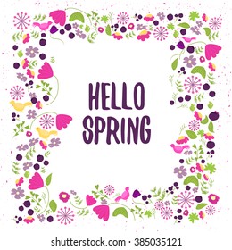 Vector floral frame in doodle style with flowers and leaves. Gentle floral frame hello spring, Floral frame background