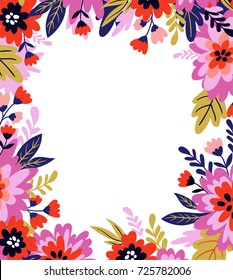 Vector floral frame in doodle style with flowers and leaves. Gentle, summer floral background for greeting cards, wedding cards or invitations.