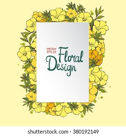 Vector Floral frame. Exotic Flowers  Border On Yellow Background And White Square Label With Place For text.