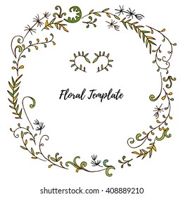 vector floral frame with fern leaves, cartoon wild herbs and twigs, hand drawn  template
