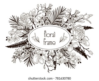 Vector Floral Frame with Flowers, Branches, Leaves. Decorative Hand Drawn Flowers and Leaves, Orchid, Cherry Blossom, Fern Leaves, Lily, Calla-lily. Vector Illustration