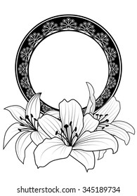 vector floral frame with flowers of lily in black and white colors
