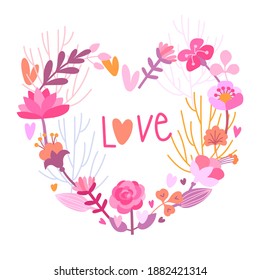 Vector floral frame in the form of a heart for Valentine's Day. Elements with flowers, branches, hearts and lettering for your design