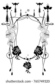 vector floral frame with fuchsia, rose and hibiscus in black and white