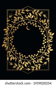 Vector floral frame. Golden branches on black background