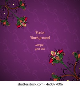Vector floral frame with green, red, purple shades. Vintage flowers elements