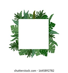 Vector floral frame with green tropical leaves. Frame for postcard, web design or post in social networks.