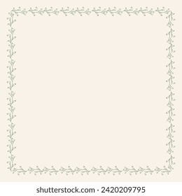 Vector floral frame of green twigs and leaves. Eco vintage frame made of plant leaves with empty space. Square delicate border design on beige background.