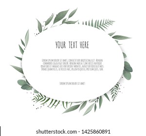 Vector floral frame. Greeting, postcard wedding invite template. Elegant frame with foliage.