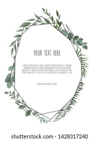 Vector floral frame. Greeting, postcard wedding invite template. Elegant frame with foliage.