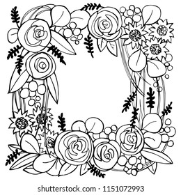 Vector floral frame with hand drawn flowers.