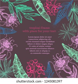 Vector floral frame with hand drawn colored flowers isolated on dark. Vintage background for invitations and gift cards. Tropical 
High Quality illustration.