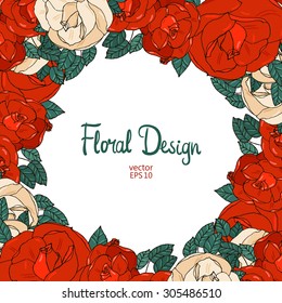 Vector Floral  Frame. Hand Drawn Red Roses and Leaves Border On White Background. Good For Web, Print, Invitations, Greeting and Save The Date Cards.