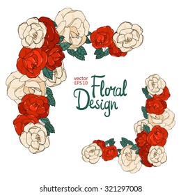 Vector Floral  Frame. Hand Drawn Red Roses and Leaves Border On White Background. Good For Web, Print, Invitations, Greeting and Save The Date Cards.