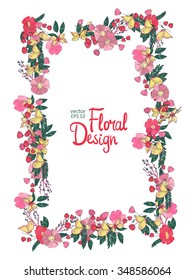 Vector  Floral  Frame. Hand Drawn Wildflowers, Berry, Butterfly, Flowers and Leaves Border On White Background. Good For Web, Print, Invitations, Greeting and Save The Date Cards.