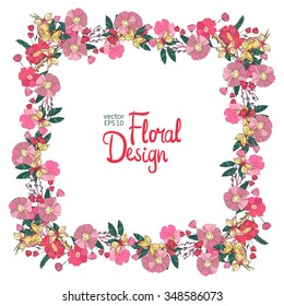 Vector  Floral  Frame. Hand Drawn Wildflowers, Berry, Butterfly, Flowers and Leaves Border On White Background. Good For Web, Print, Invitations, Greeting and Save The Date Cards.