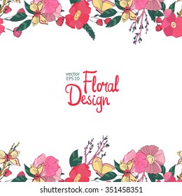 Vector  Floral  Frame. Hand Drawn Wildflowers, Berry, Butterfly, Flowers and Leaves Border On White Background. Good For Web, Print, Invitations, Greeting and Save The Date Cards.