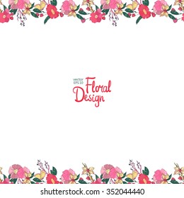 Vector  Floral  Frame. Hand Drawn Wildflowers, Berry, Butterfly, Flowers and Leaves Border On White Background. Good For Web, Print, Invitations, Greeting and Save The Date Cards.