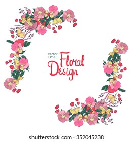 Vector  Floral  Frame. Hand Drawn Wildflowers, Berry, Butterfly, Flowers and Leaves Border On White Background. Good For Web, Print, Invitations, Greeting and Save The Date Cards.