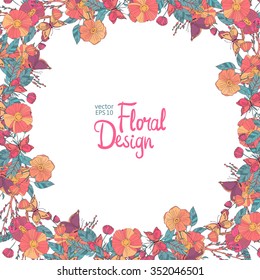 Vector  Floral  Frame. Hand Drawn Wildflowers, Berry, Butterfly, Flowers and Leaves Border On White Background. Good For Web, Print, Invitations, Greeting and Save The Date Cards.