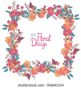 Vector  Floral  Frame. Hand Drawn Wildflowers, Berry, Butterfly, Flowers and Leaves Border On White Background. Good For Web, Print, Invitations, Greeting and Save The Date Cards.