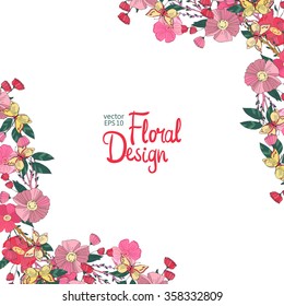 Vector  Floral  Frame. Hand Drawn Wildflowers, Berry, Butterfly, Flowers and Leaves Border On White Background. Good For Web, Print, Invitations, Greeting and Save The Date Cards.