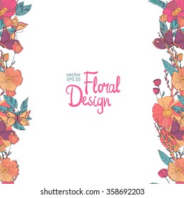 Vector  Floral  Frame. Hand Drawn Wildflowers, Berry, Butterfly, Flowers and Leaves Border On White Background. Good For Web, Print, Invitations, Greeting and Save The Date Cards.