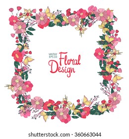Vector  Floral  Frame. Hand Drawn Wildflowers, Berry, Butterfly, Flowers and Leaves Border On White Background. Good For Web, Print, Invitations, Greeting and Save The Date Cards.